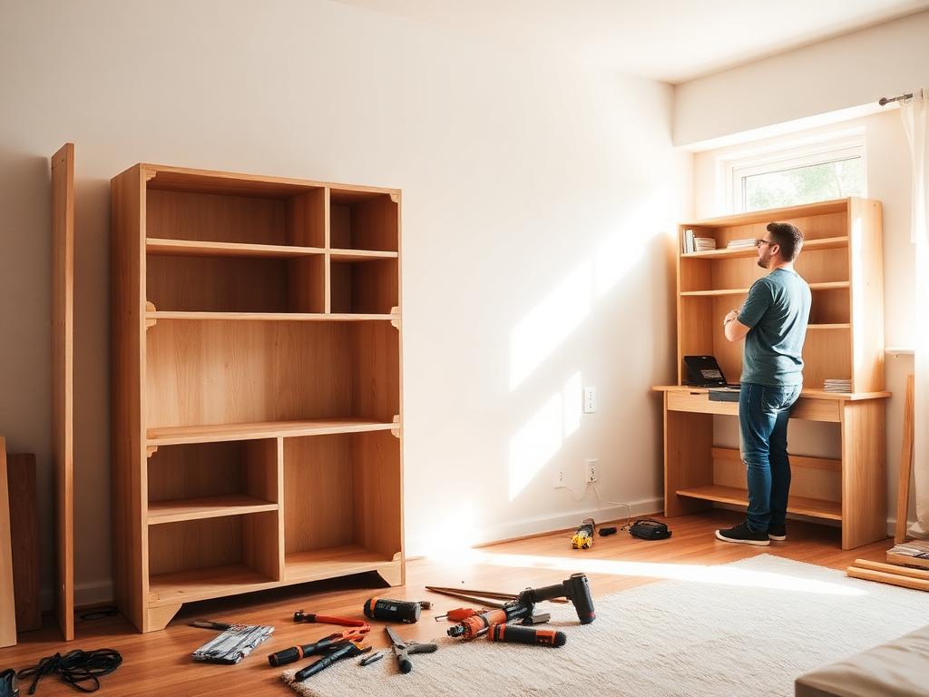 Assembled bookshelf and desk in a bright bedroom