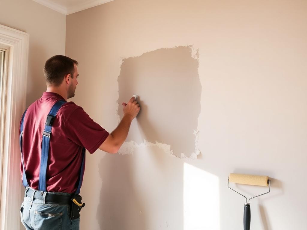 Drywall patch being smoothed before painting