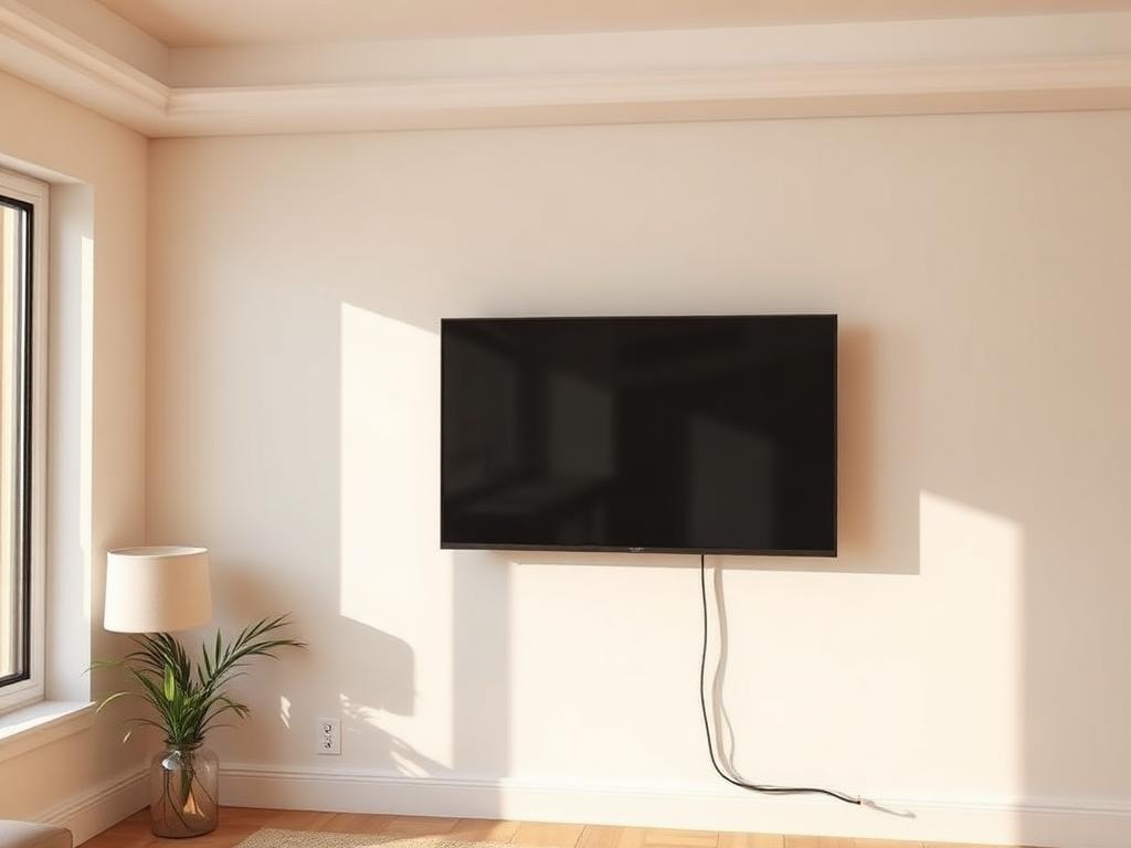 Flat screen TV mounted flush on a living room wall