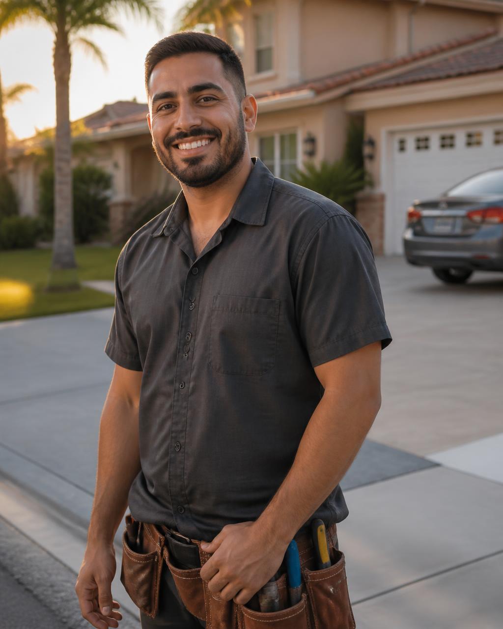 Moaz, the handyman behind this site, smiling outside a San Diego home